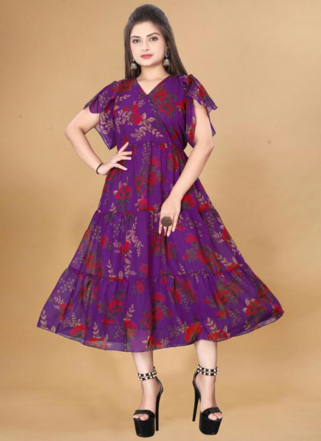 Georgette Purple Casual Wear Printed Readymade Gown